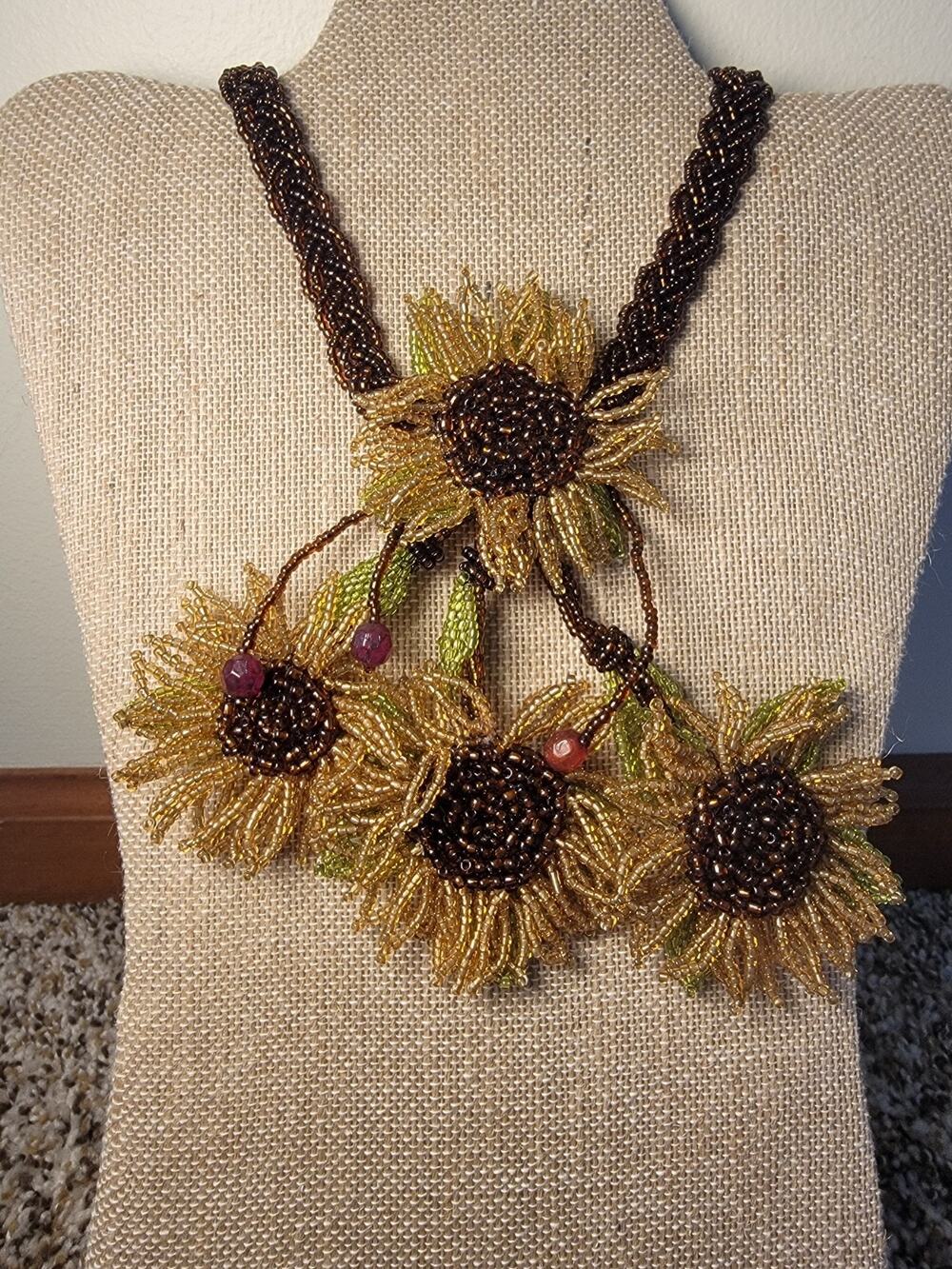 Beaded Sunflower Statement Necklace 20" Seed Bead Floral Necklace Boho Handmade